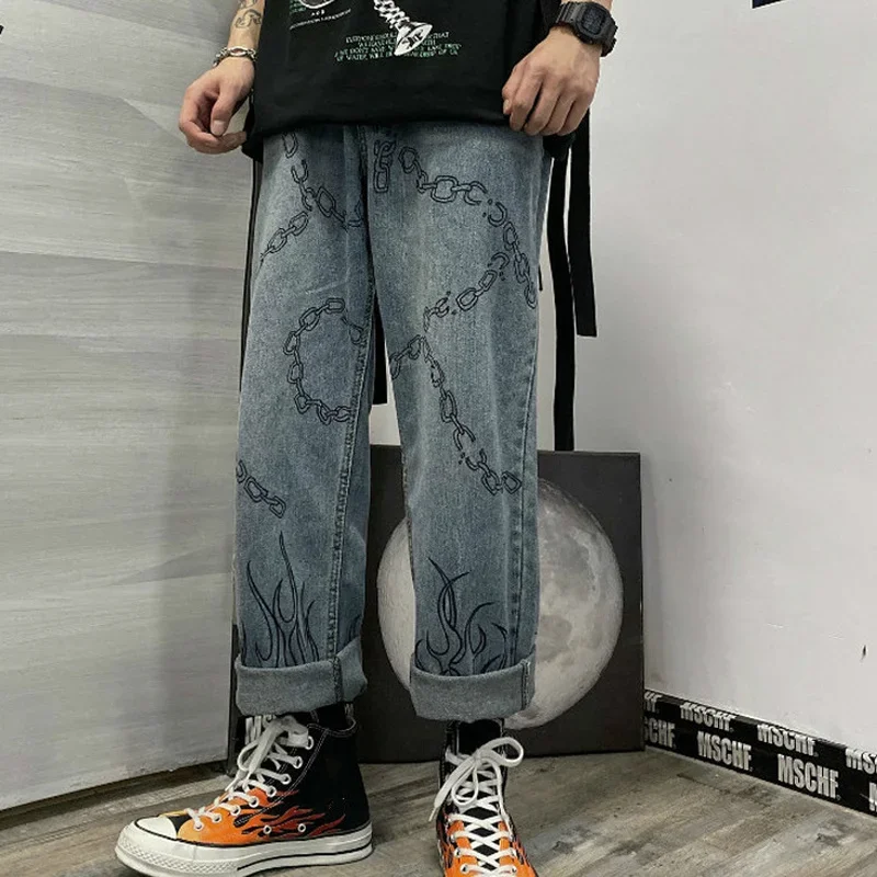 

2024 Women Loose Casual Chain Pattern Long Trousers New Fall Fashion Jeans Cowboy Female Streetwear Graffiti Flame Print Pants