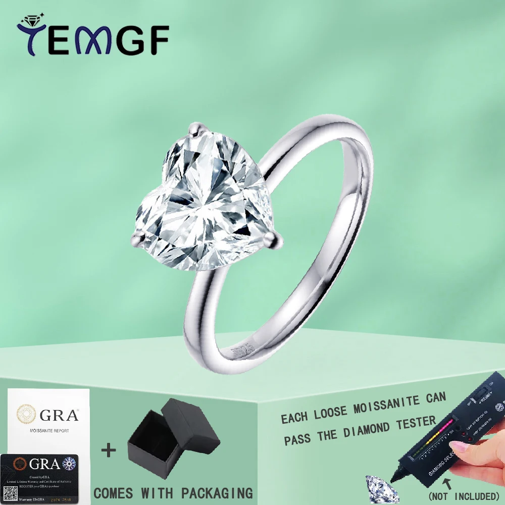 

TEMGF 10mm Heart Cut Moissanite Ring GRA Certification S925 Silver Base for Women Classic Elegant Proposal Wedding Fine Jewelry