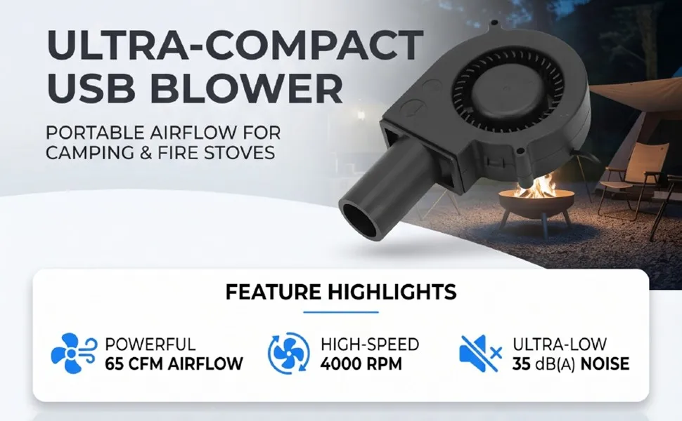 Brushless Centrifugal Blower USB Blower Portable Blower for Outdoor Camping High Speed Centrifugal 4000RPM Low Noise 35DBA