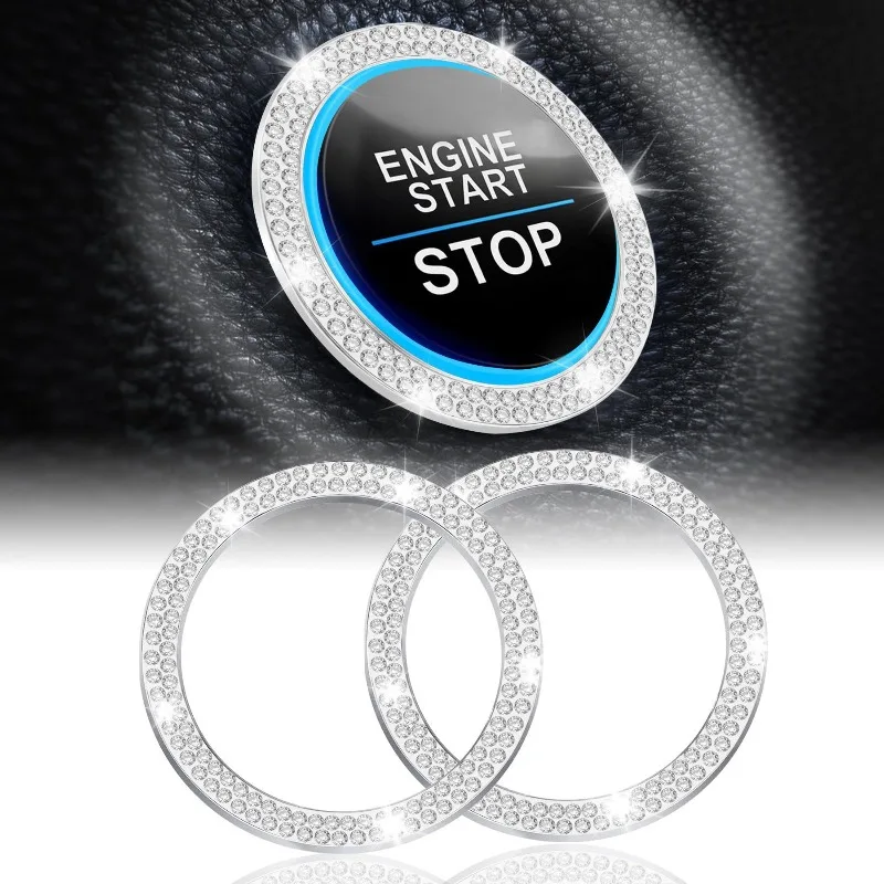 Crystal Rhinestone One-Button Start Decorative Trim Ring for Car Ignition Switch, Dual Row Rhinestone Interior Accessory