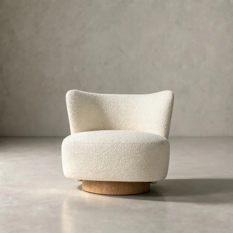 OAKEN Modern Boucle Swivel Accent Chair Solid Wood Base Curved Backrest Single Lounge Armchair Living Room Bedroom Furniture