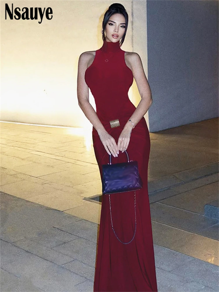 

Nsauye 2025 Solid Sexy Hollow Out Women Long Dress Sleeveless High Waist Summer Female Skinny Elegant Dresses Party Clubwear