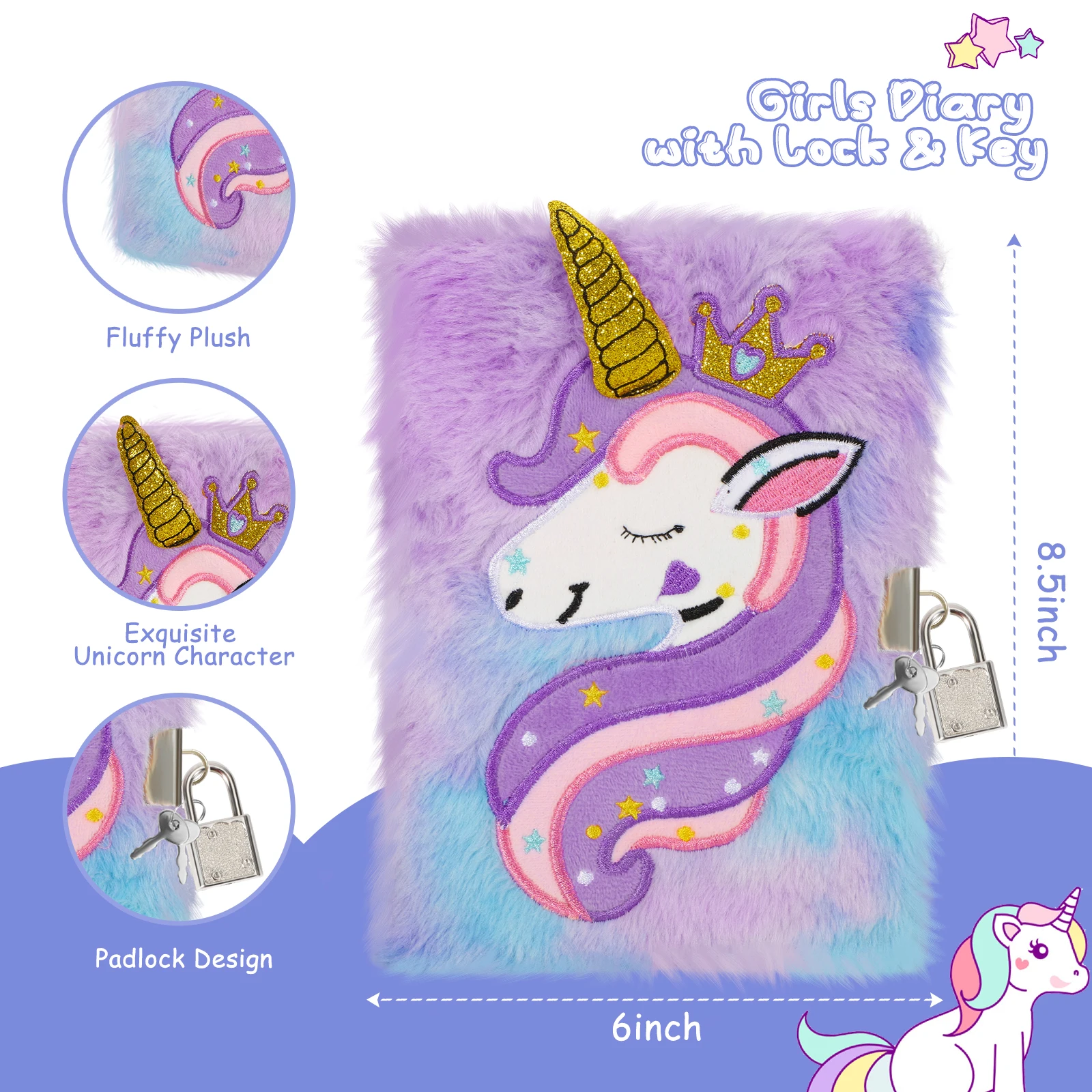 Diario de unicornio de peluche con cerradura para niños, candado bonito, cuaderno secreto, escuela de estudiantes, papelería de tamaño A5, Bloc de