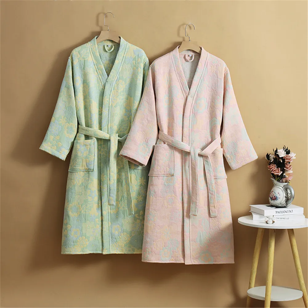 Long Sleeve Four Layers Gauze Jacquard Cotton Bathrobe Double Pockets Belt Pajamas Clothes for Couples Kimono Robes