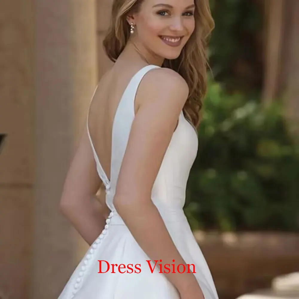 Simple Satin Wedding Dresses V-neck Sleeveless Long Bridal Gown Sweep Train Vestidos Baratos y Envío Gratis 2024