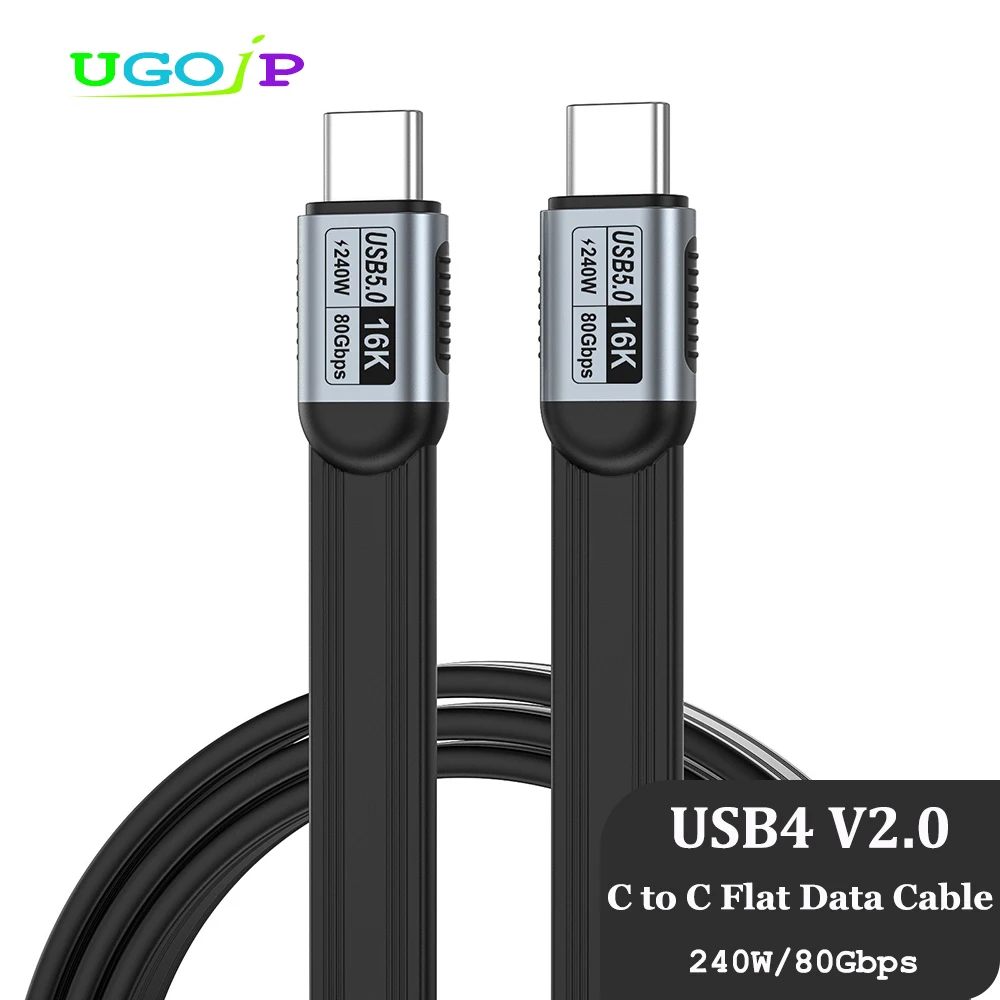 UGOjP USB4 V2.0 80Gbps / USB4 40Gbps / USB3.2 USB C Flat Cable 240W PD Fast Charging Type C to C Short Data Cord For Laptop SSD