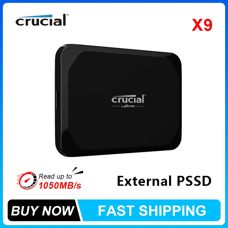 Crucial X9 Portable SSD Read Up to 1050MB/s 1TB 2TB 4TB USB 3.2 External Solid State Drive Lightweight Small with 3 for PC Mac