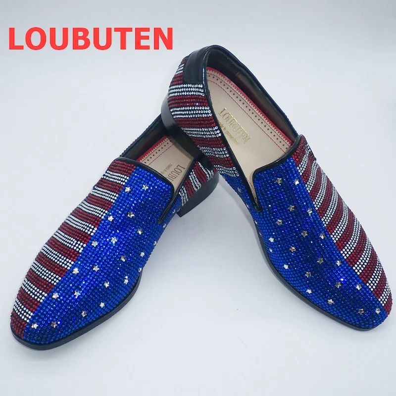 LOUBUTEN New Arrival Mixed Colors Rhinestone Loafers Dress Shoes Crystal Shoes Men Luxury Party Wedding Shoes