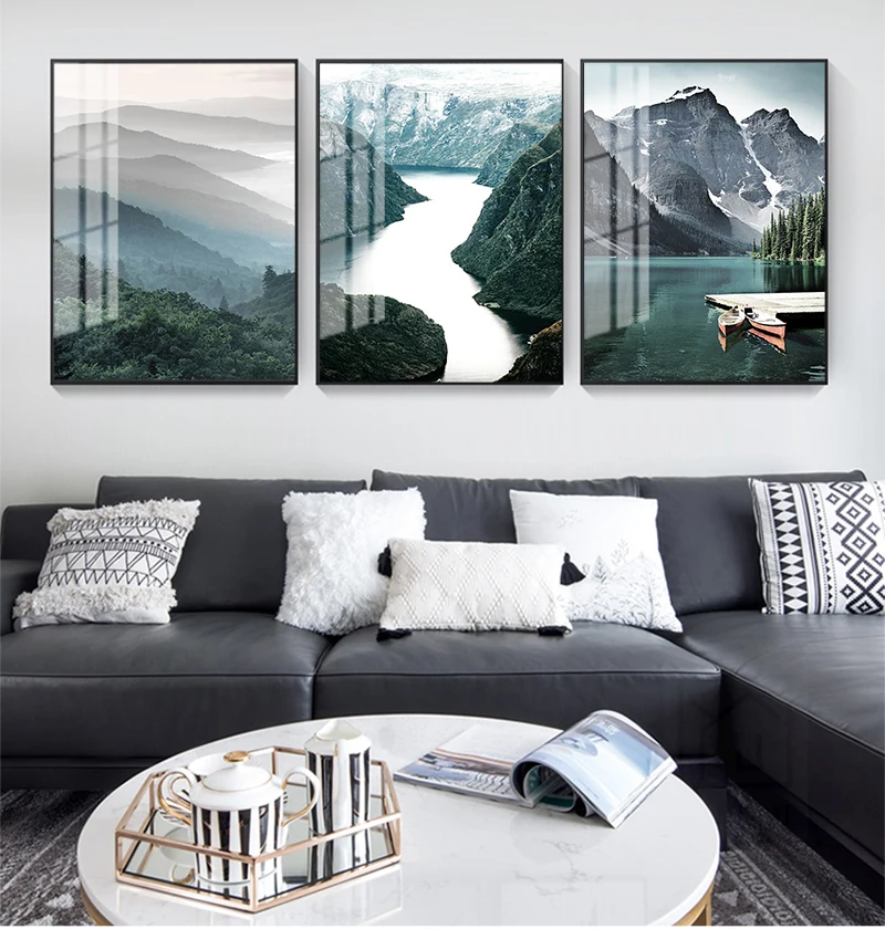 Poster Print Wall Art Picture Modern Living Room Scandinavian Travel Landscape Canvas Painting Mountain Boat Grass Nordic