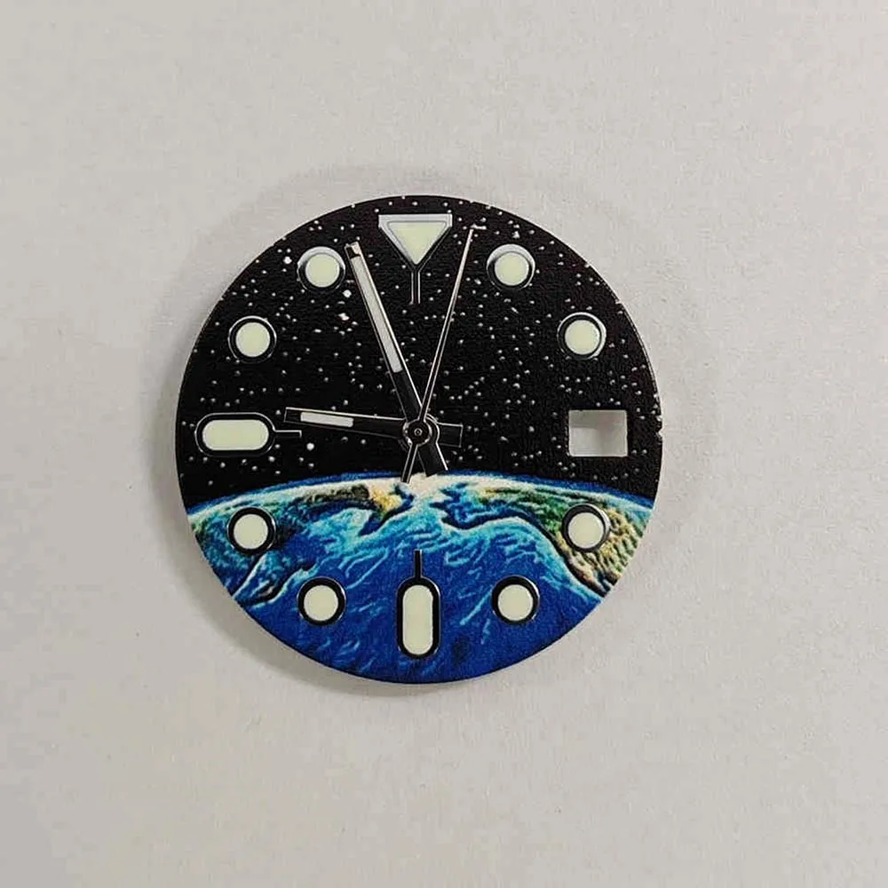 قرص NH35 28.5 ملم، وجوه ساعة بنمط السماء المرصعة بالنجوم الأرضية الخضراء المضيئة + عقارب الساعة، لساعة الحركة NH35 NH36 4R 7S