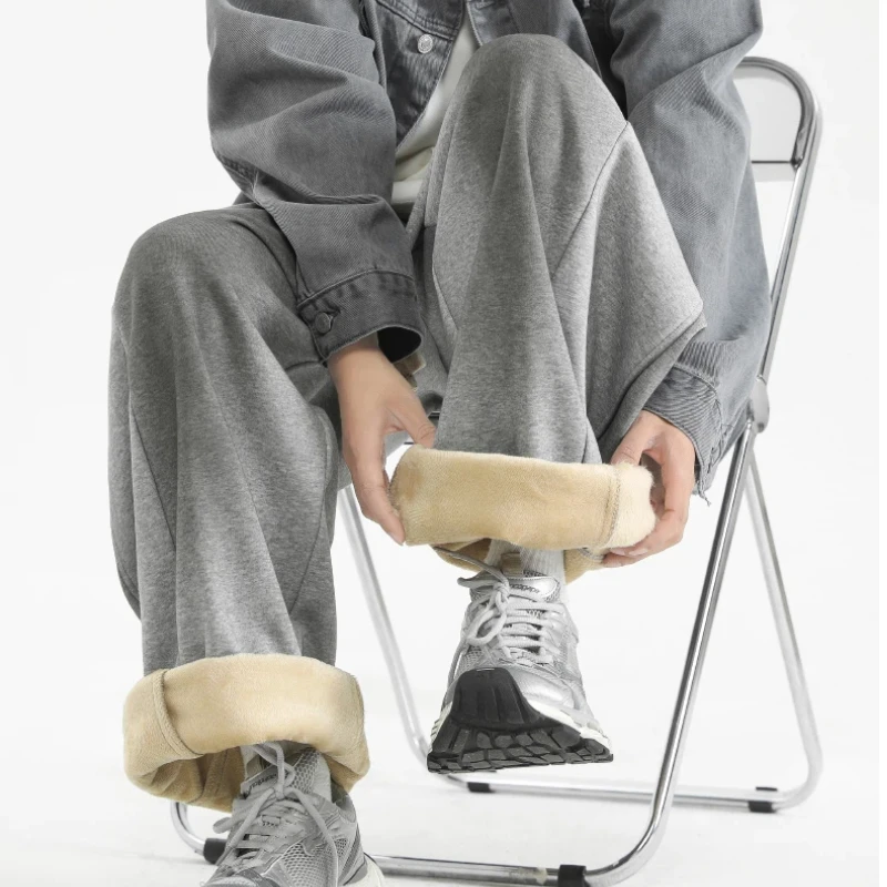 だぶだぶのパンツ男性パンツ黒カジュアルズボン弾性ウエスト冬フリースルーズフィットハイストリートトレンディメンズファッション