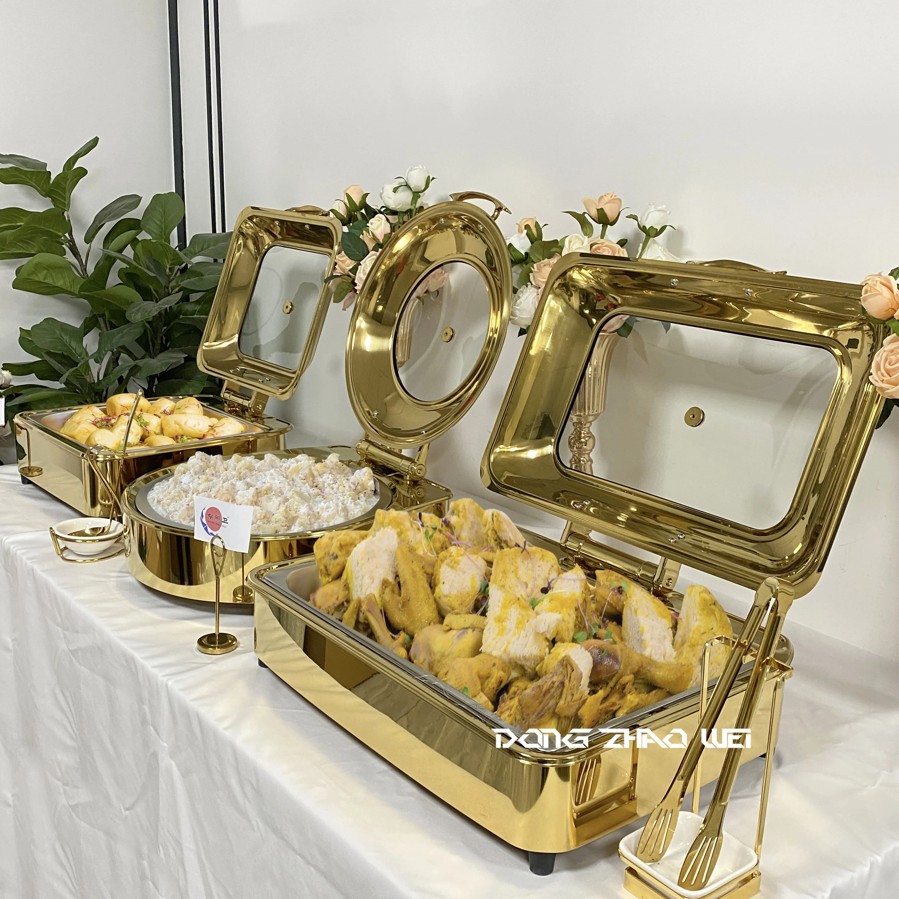 

Luxury Food Warmer Stainless Steel Catering Rolling Cover Insulated Plate Buffet Set 6-liter Capacity Customized LOGO Rectangula