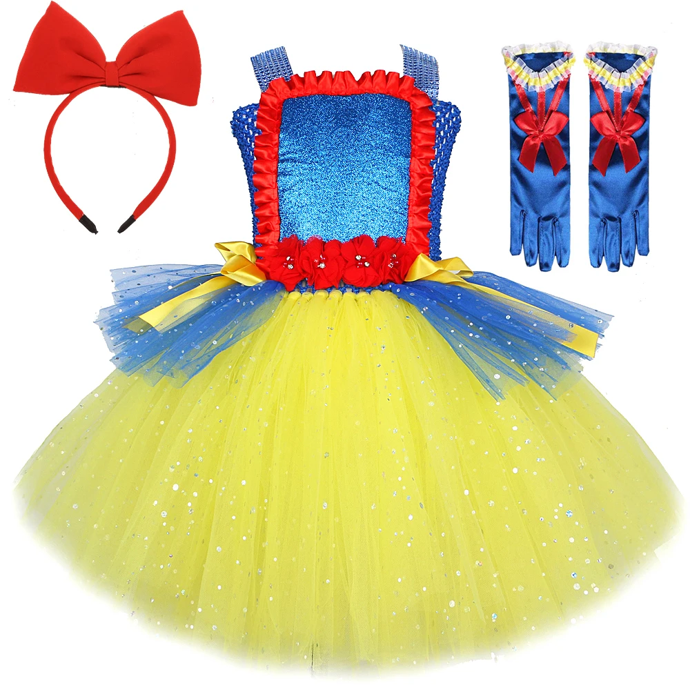 Sparkly Snow White Princess Dresses for Girls Christmas Halloween Twinkle Costumes for Kids Birthday Party Ballet Tutus Outfit