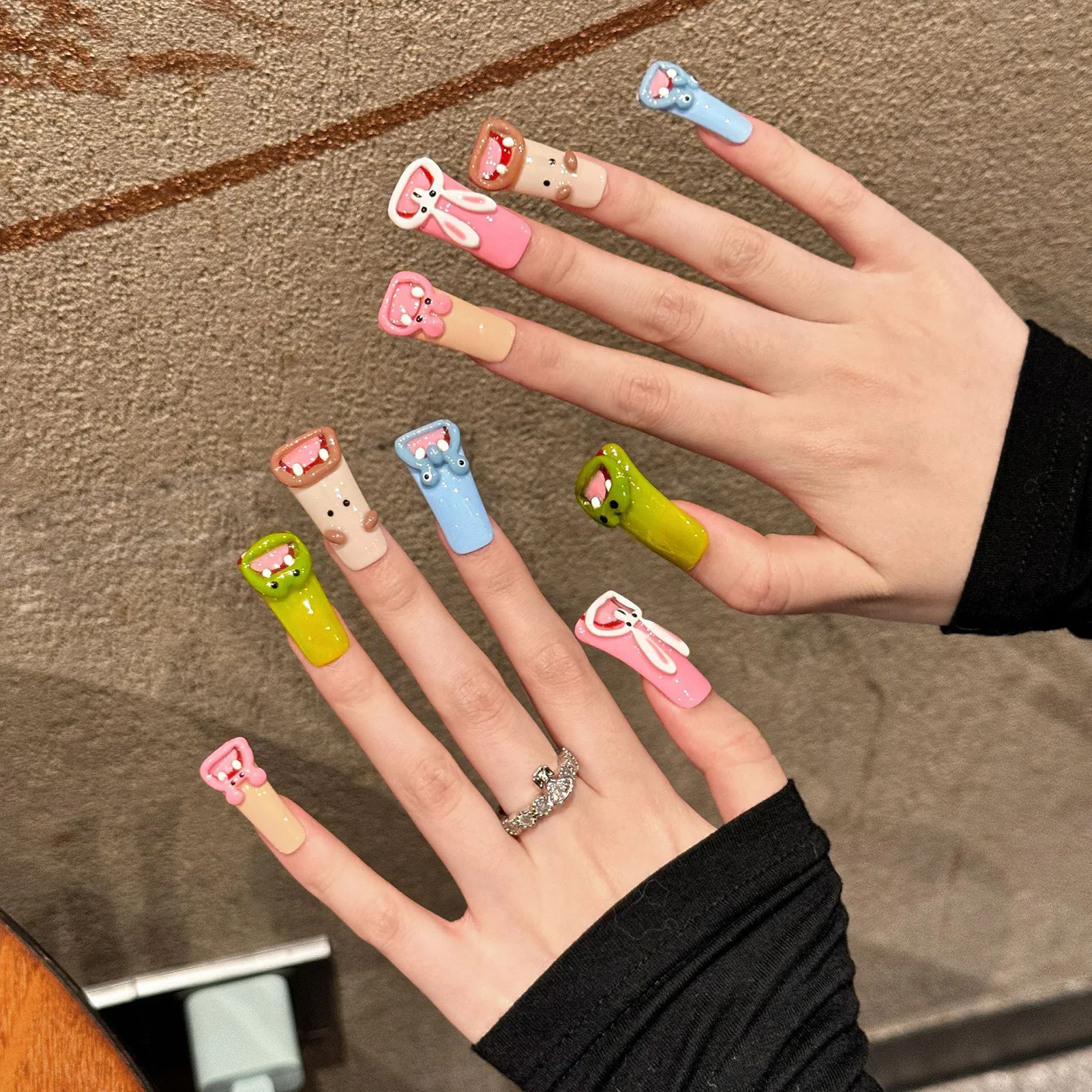 Faux ongles longs en forme de bec de canard, 10 pièces, avec décoration d'animal mignon 3D, à pression, Dopamine Y2k, faits à la main, français