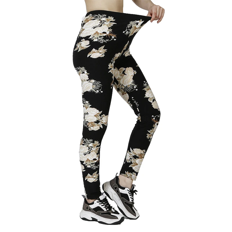 PD161 Women\'s Fitness Elastic Breathable Bottom Pants Fitness Sports Fashion Big Yellow Flower Pattern Elastic Tight Pants