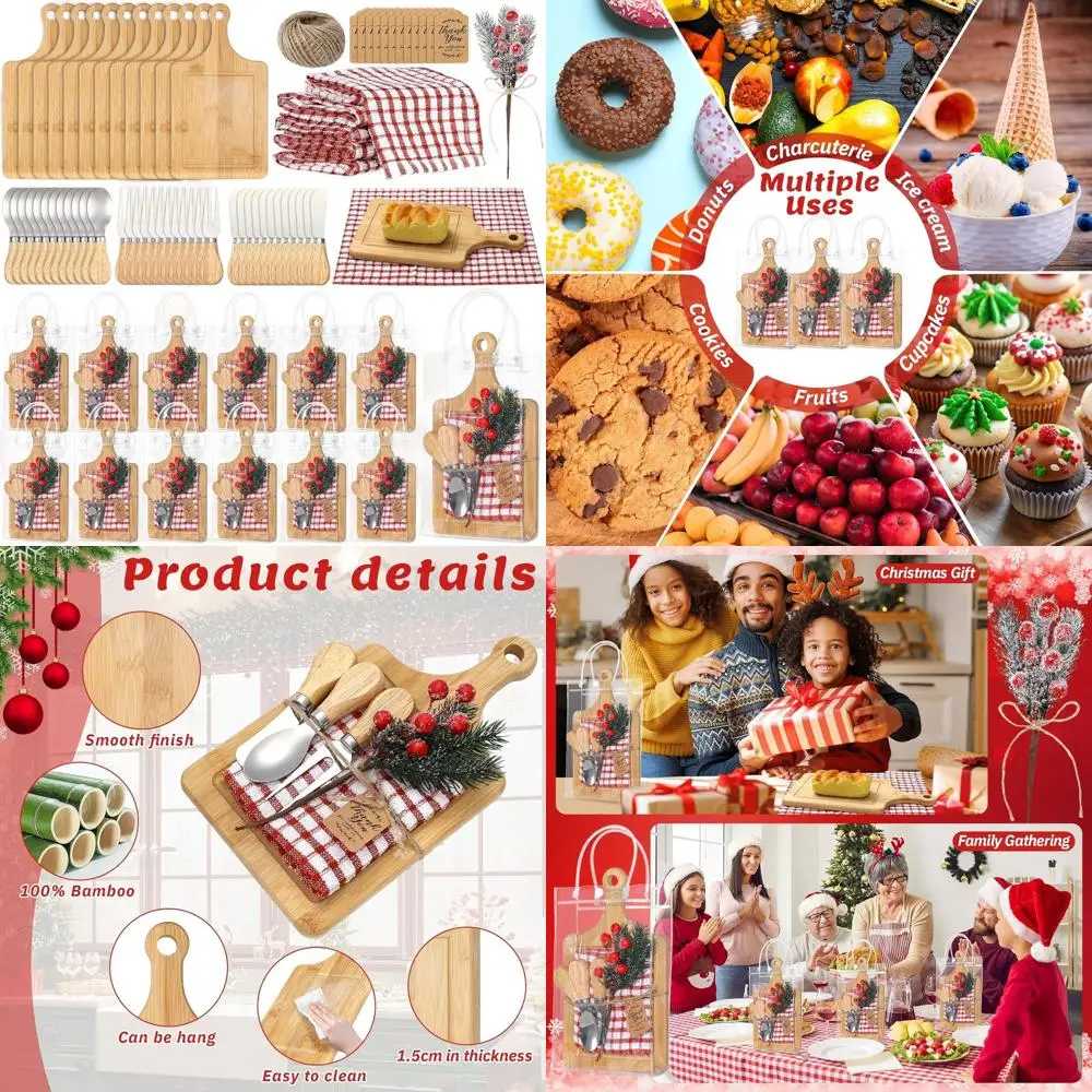 

12-Piece Christmas Cheese Set: Bamboo Board, Cutlery, Red Plaid Towel, Thank You Card & Bag