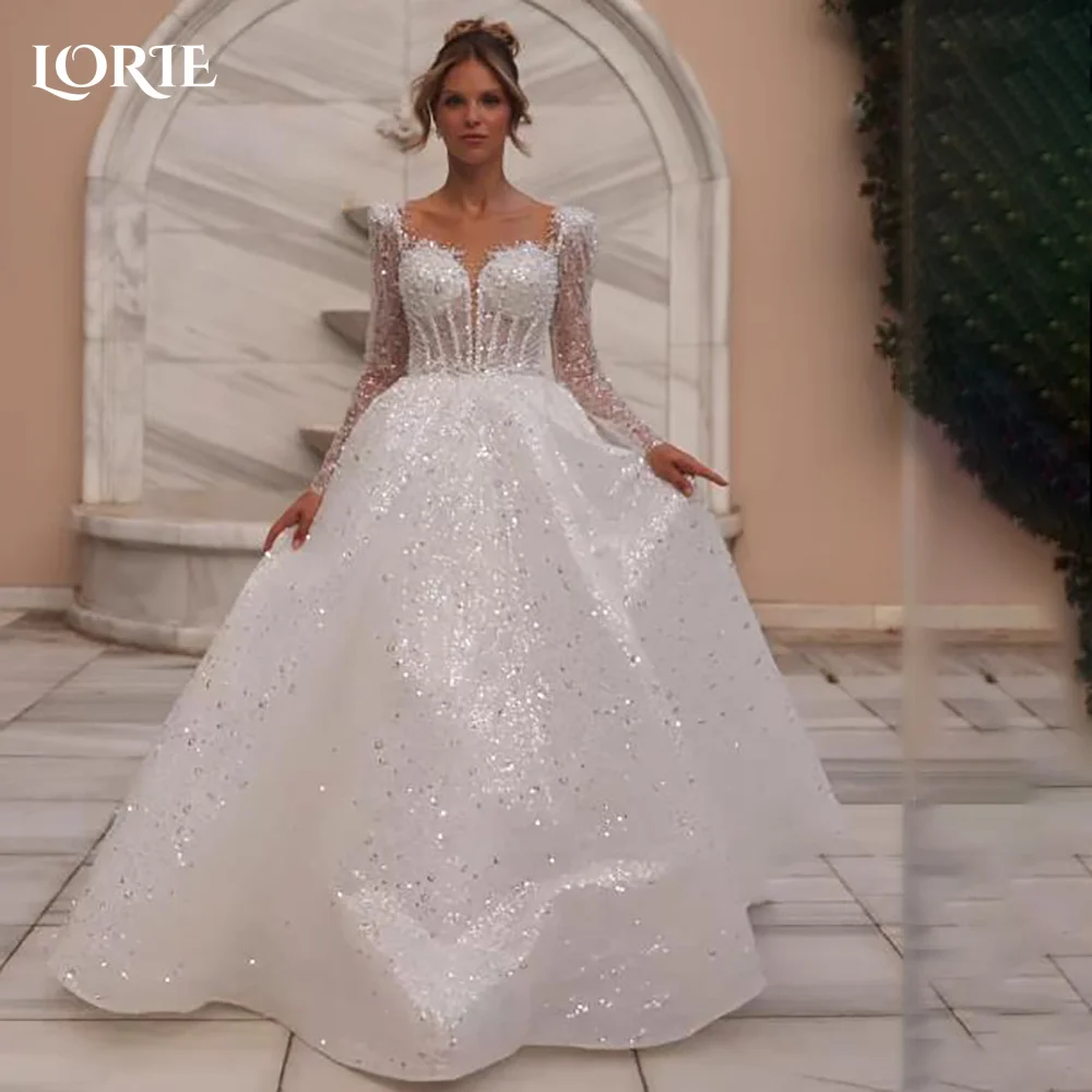 LORIE Vintage Sparkly Brautkleider Puff Langarm Glänzende Brautkleider Schatz Elegante Backelss Braut Kleid Angepasst