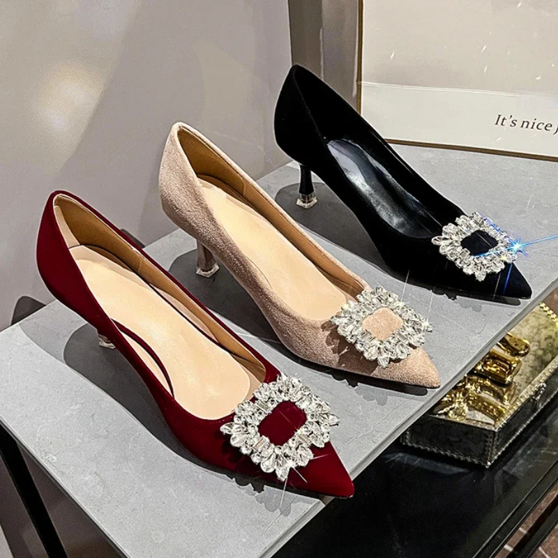 

Fashion Pointed Toe Suede Rhinestone Sandals Bridal Pumps for Women Bridal High Heels Shoes Stiletto Luxury Party Dress Designer