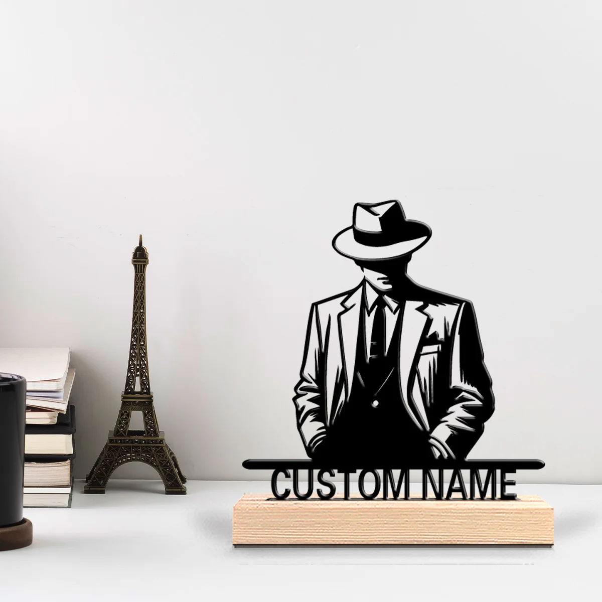 1pc Creative suit boy Customized Letter Metal Statue Iron Ornament Figurine With Wood Base Metal Ornament For Home Desk Decor