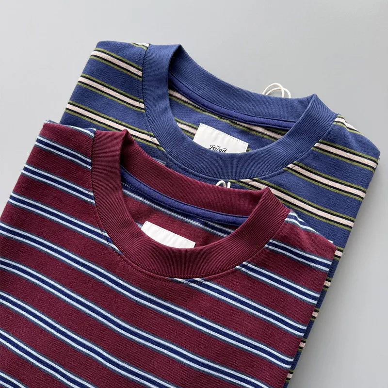Oversize Small-neck American-style Loose-fit 320gsm Heavyweight 100% Cotton Horizontal Striped Short-sleeve T-shirt Summer Tees