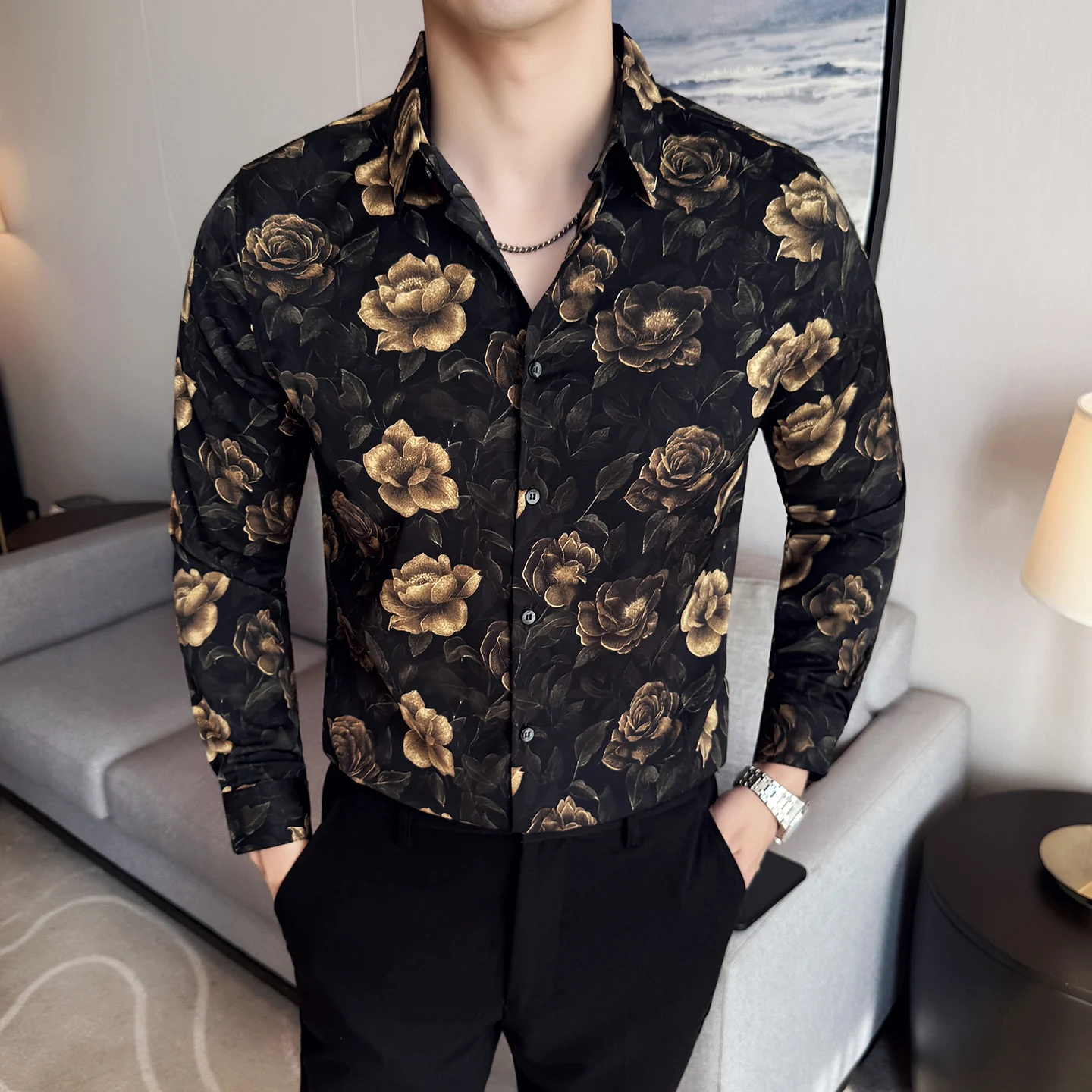 Trendy Floral Shirt Men Autumn Winter Long Sleeve Slim Fit Casual Shirts Social Nightclub Party Street Wear Shirt Men Clothing