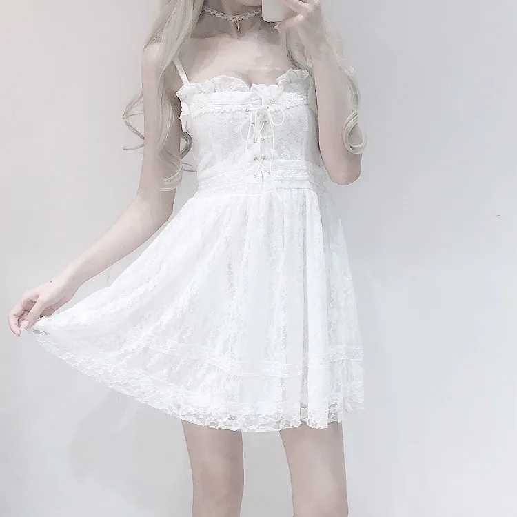 Vestido de verano Kawaii, nuevo vestido Lolita para mujer, coreano, fresco, dulce, bonito encaje, costura, cintura alta, vestido Sexy para chicas,