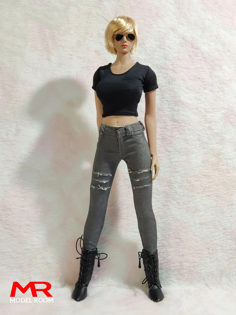 1/6 Scale Female Black T-shirt Hole Skinny Jeans Fashion Clothes Model Fit 12'' Soldier Small Feet Action Figure Body Dolls