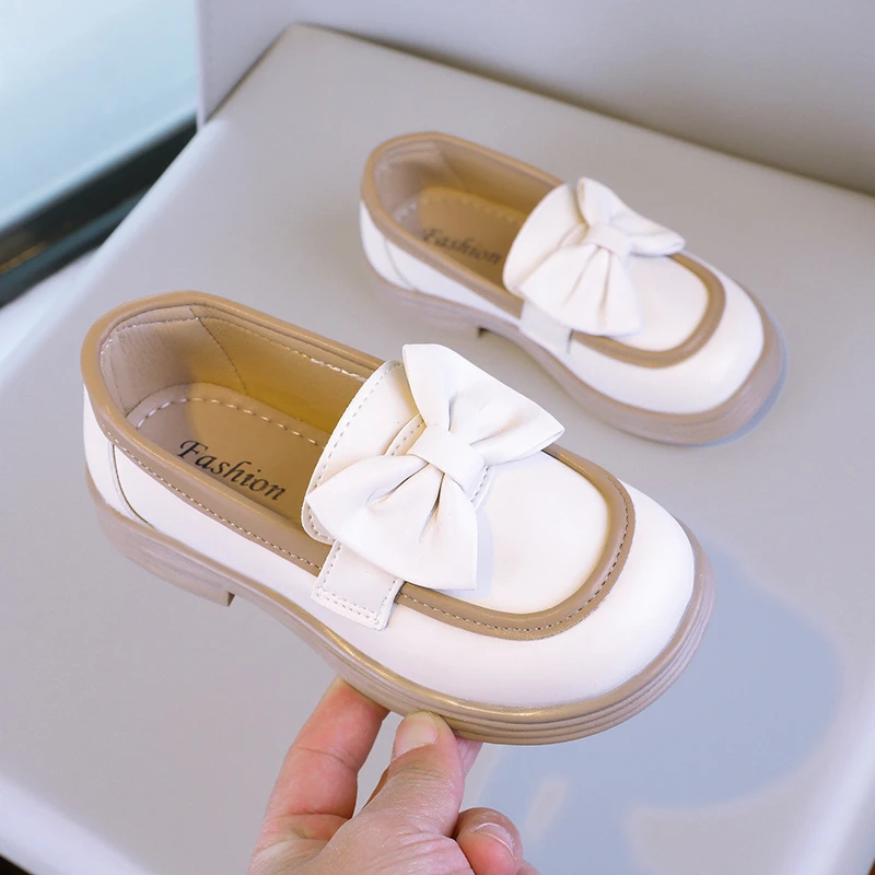 2024 New Girls Loafers Cute Bow Fashion Kids Leather Shoes Slip-on Bow Non-slip Children Casual Shoes Drop Shipping Round-toe