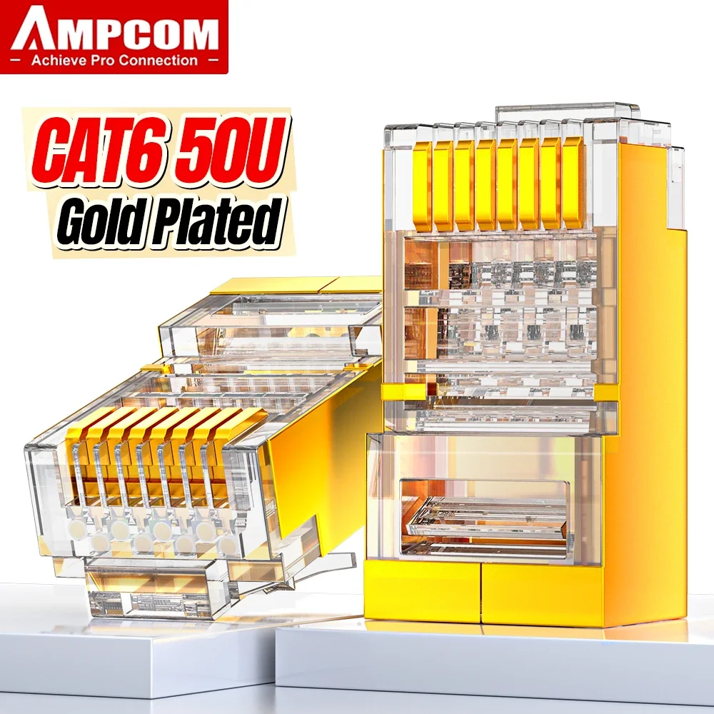 

AMPCOM CAT6 Shielded RJ45 Modular Plug Connector 8P8C Crimp End Ethernet Cable Ethernet Connector Gold-Plated 50U