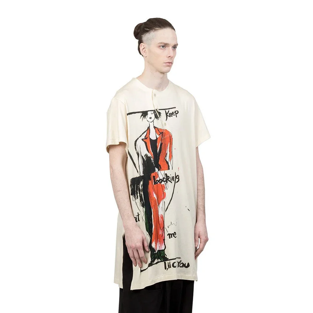 YOJI OOAK Asakura Yuka طباعة مقسمة الأساسية تي شيرت هنري طوق عادية قصيرة الأكمام تي شيرت #1