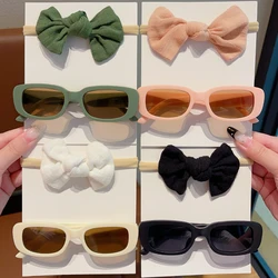 2 Pcs/Set  New Children Colors Soft Bowknot Headbands Vintage Frosted Rectangle Sunglasses Headwear Set Lovely Hair Accessories