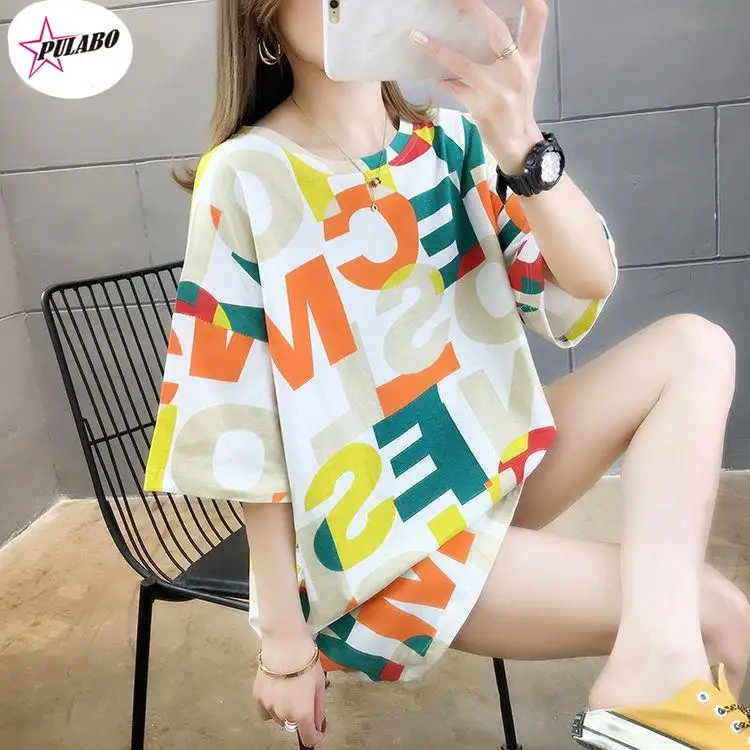 PULABO Letter Printed Loose T Shirt Women Summer y2k Black White Gray Casual Top Loose Street Harajuku Boyfriend T-shirts M-4XL