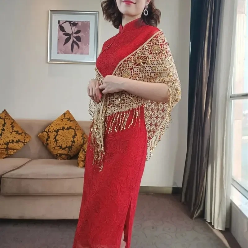 

Женский кардиган, шаль с золотыми пайетками, весна-лето, винтажный тонкий треугольный шарф с кисточками, пончо Femme, новинка с свадебной накидкой Cheongsam