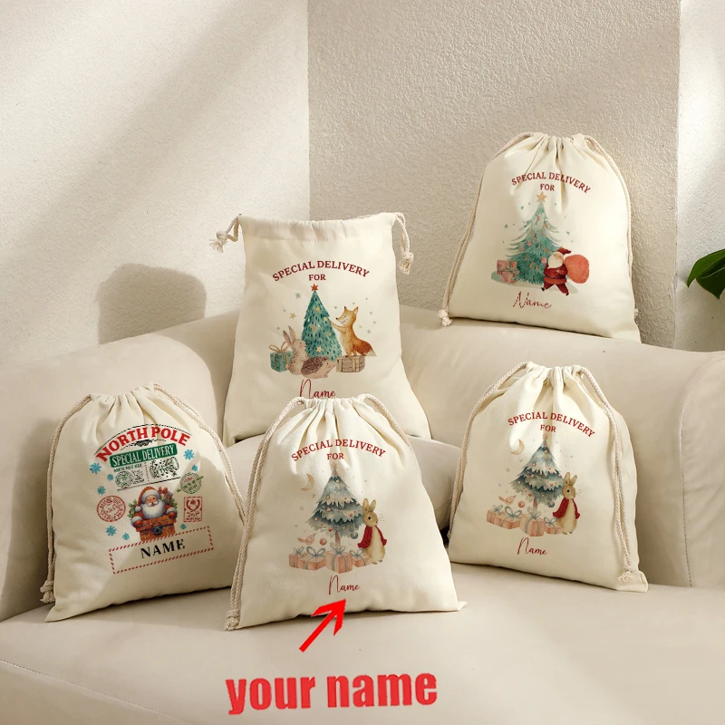 Custom Name Christmas Santa Sack North Pole Special Delivery Canvas Drawstring Gift Bag Vintage Santa Chimney Xmas Storage Pouch