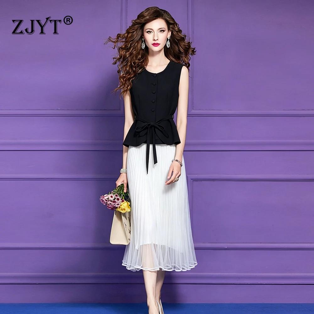 

ZJYT Summer Sleeveless Dress Sets 2 Piece Clothes Elegant Women Vest Top and Pleated Skirt Suit Outfit Office Party Outfit Lady
