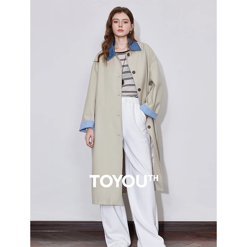 TOYOUTH Women Trench Coat 2025 Spring New Denim Splicing Turn Down Collar Medium Length Windbreaker Long Coat