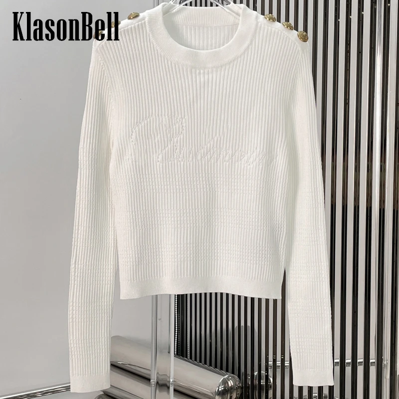 

5.20 KlasonBell Fashion 2024 New Letter Jacquard Knitwear Top Shoulder Gold Button Design Long Sleeve Pullover Sweater Women