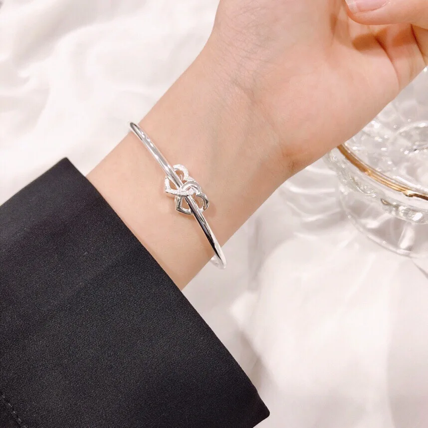 1PC/Set Interlocking Double Heart Rhinestone Push-Pull Adjustable Bangle Bracelet For Couple Party Daily Wear Birthday Gift
