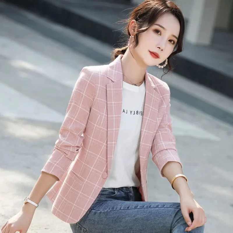 Blazer informal de manga larga para mujer, chaqueta a cuadros de negocios, ropa de abrigo para primavera y otoño, novedad de 2023