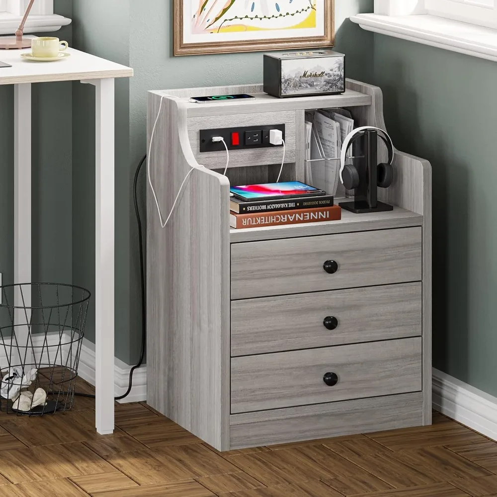 Nightstand with Charging Station, Night Stand with Hutch & Storage Drawers, End Table Side Table Bedroom, Customized - view 5