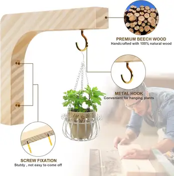 Dřevěný háček na rostliny, nástěnný háček na rostliny pro vnitřní koše, háčky na květinové koše, lucerny do květináčů 8 nejlepší prodej dřevěné nástěnné háčky - №3