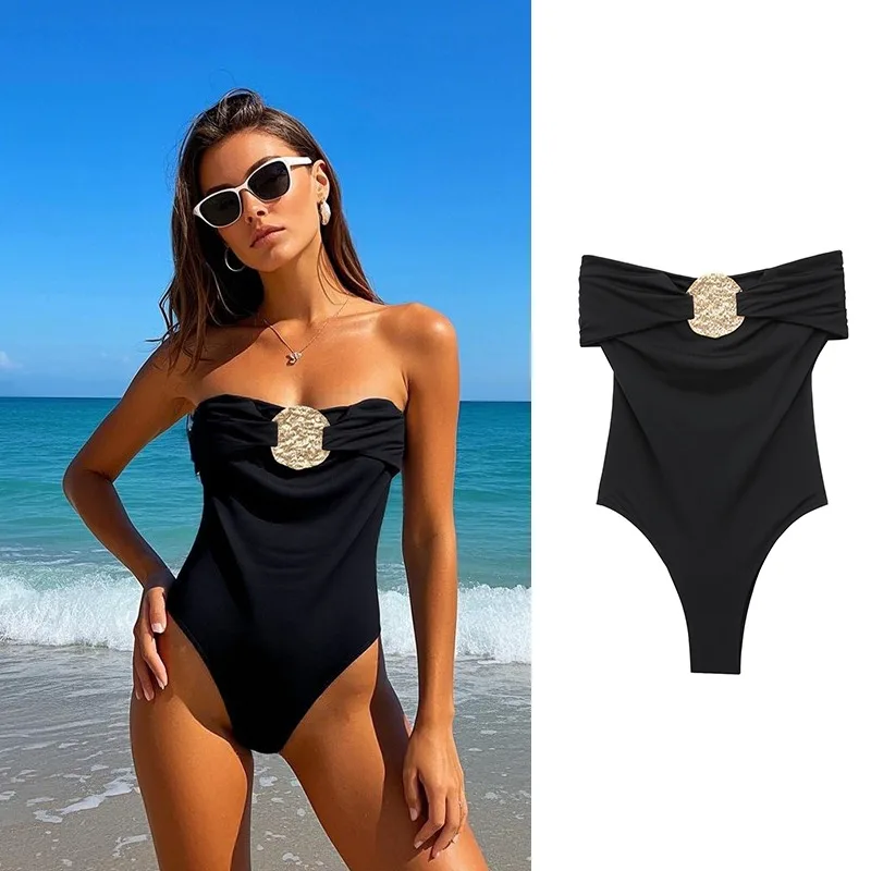 

Women's Strapless Jumpsuit Gold Accent Details High Waisted Stretch Beach Cover-Up Pool Party Outfit Summer 2025 New