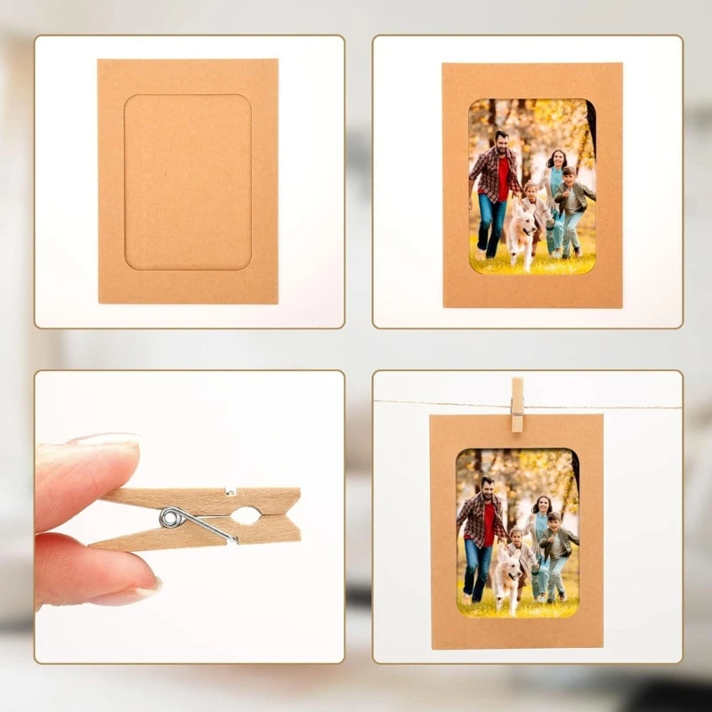  Paper Photo Frame Set Of 10 With Rope and Wooden Clips 3 Color Designs Picture Frame For Home Office Wall Decoration