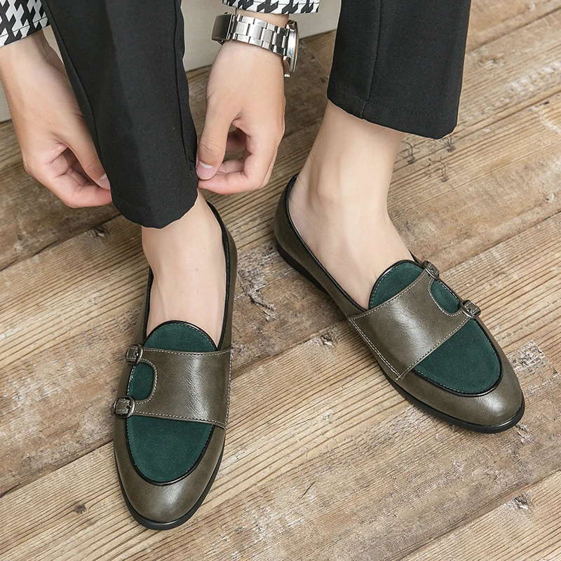 New Shallow Shoe Green Loafers Double Buckle Fashion Brand Men Shoes Italian Classic Slip on Casual Shoes Luxury Designer Shoes