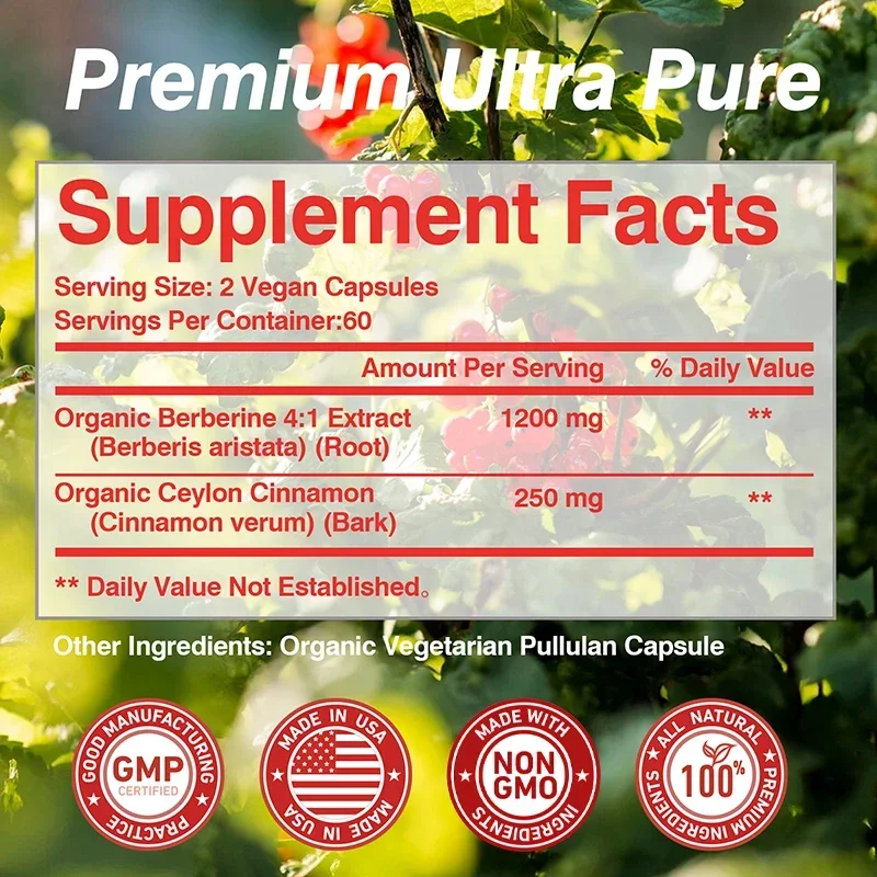 Organic Berberine Capsules - Blood Sugar Balance, Cardiovascular Health, Aid Digestion,Promote Metabolism - with Ceylon Cinnamon