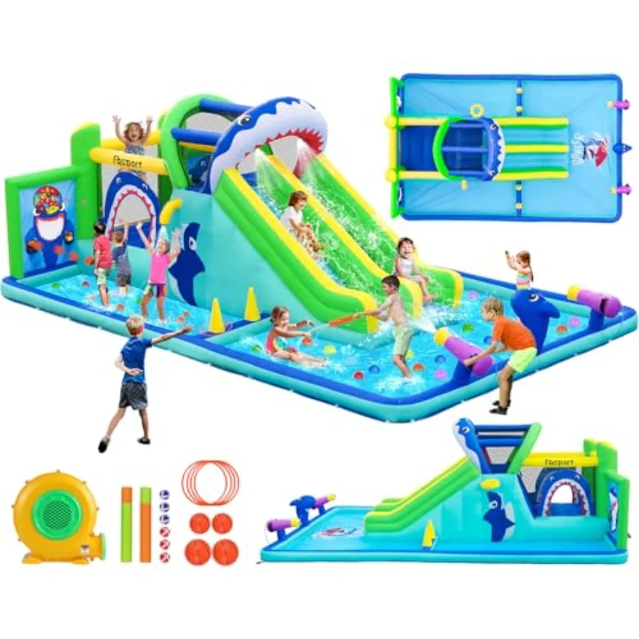 

Надувной Bounce House Water Slide Park с двойной горкой, альпинистская стена, площадка для прыжков, кольца для баскетбола, зона всплеск, 550 Вт Ai