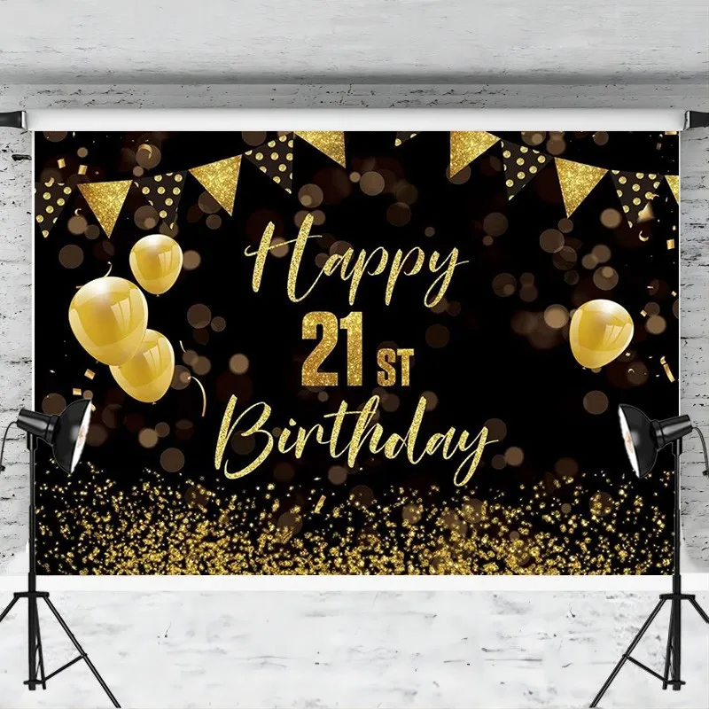 Gold and Black Happy 21st Birthday Backdrop for Queen Women Men 21Year Old Background Party Decoration Supplies Photo Booth Prop