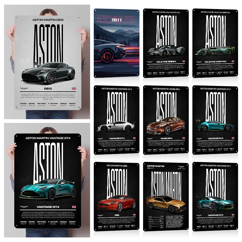 Aston Supercar 3D Textured Metal Posters Custom Wall Art Aesthetic Vintage Metal Tin Signs for Man Cave Decoration Garage Decor