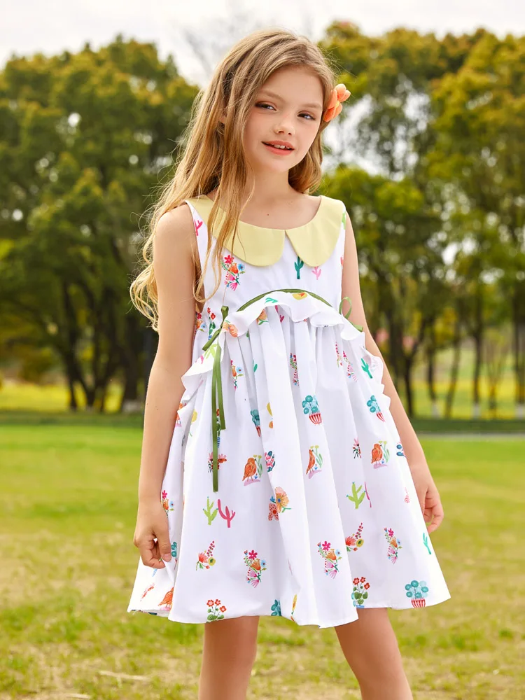 Girl Dress Printed Peter Pan collar Ruffled Empire Doll Princess Dress