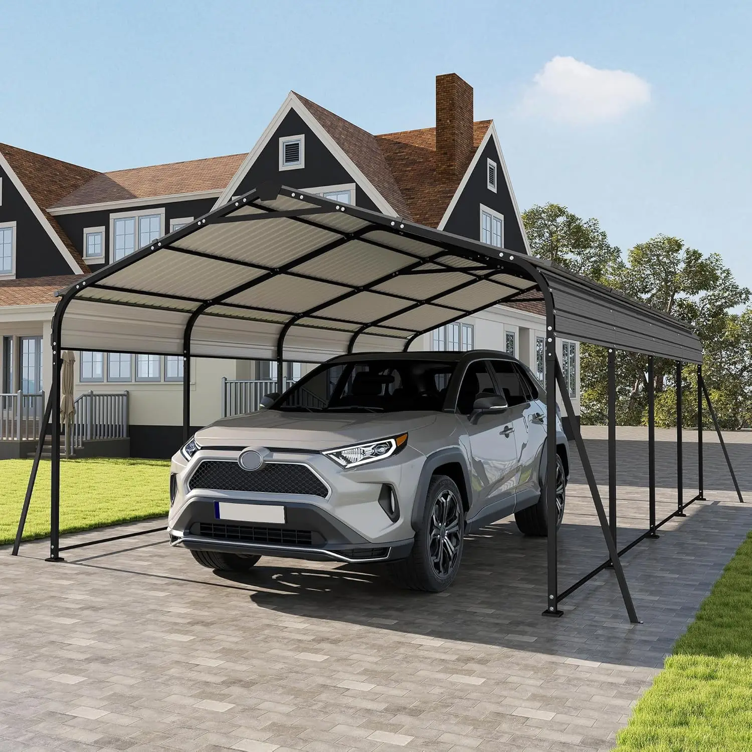 

12x20FT Heavy Duty Metal Carport with Updated Galvanized Steel Roof Enhanced Base Outdoor Garage Car Cover Customized Protection